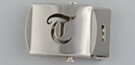 nickel polish military-style buckle with cut-out initial "T"
