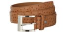 wide ostrich skin embossed tan leather belt with nickel buckle